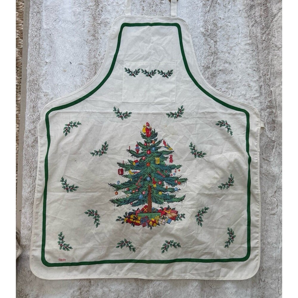 VTG Spode Christmas Tree Apron Holly Berry Santa Doves Ornaments Presents